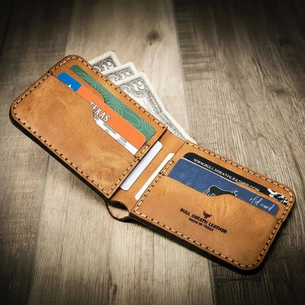 Handmade Rio Grande Bifold Wallet in full-grain leather, slim and durable, crafted in Texas