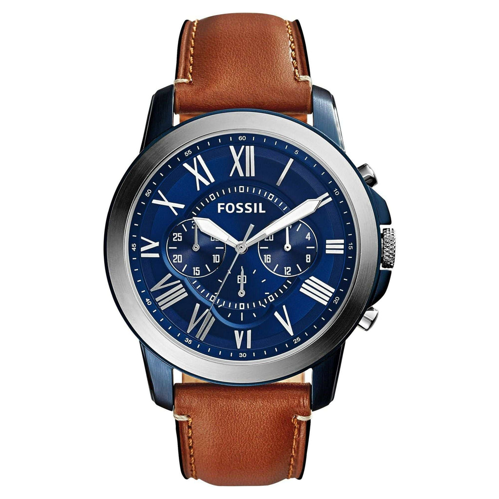 Fossil Men's Grant chronograph watch with blue dial, two-tone stainless steel case, and light brown leather strap