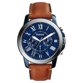 Fossil Men's Grant chronograph watch with blue dial, two-tone stainless steel case, and light brown leather strap