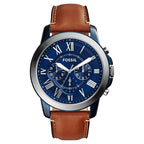 Fossil Men's Grant chronograph watch with blue dial, two-tone stainless steel case, and light brown leather strap