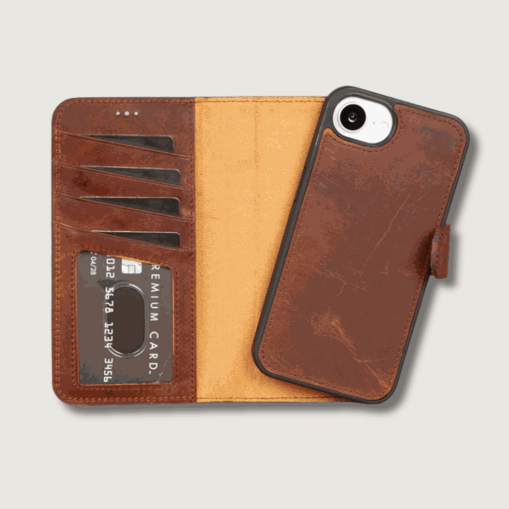Brown iPhone 16e Leather Wallet Case with slim card holder and premium leather design