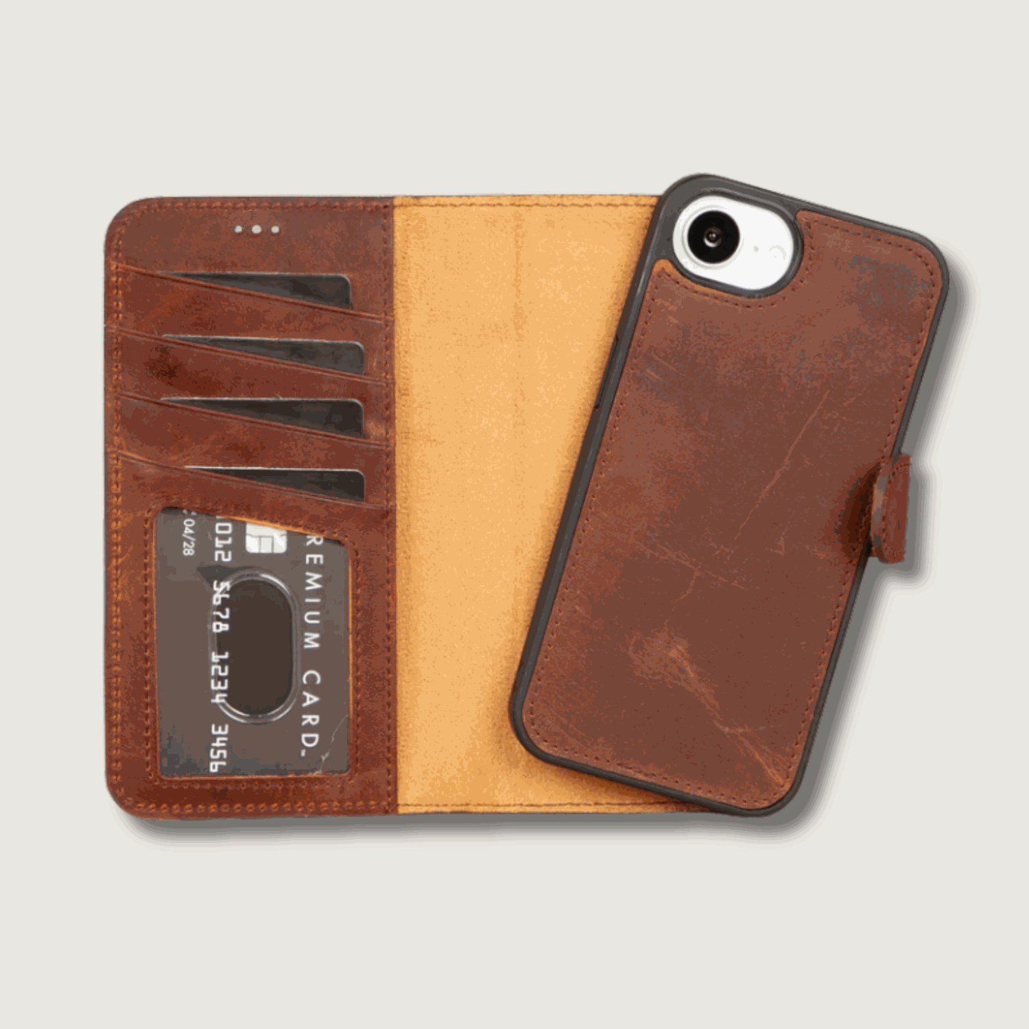 Brown iPhone 16e Leather Wallet Case with slim card holder and premium leather design