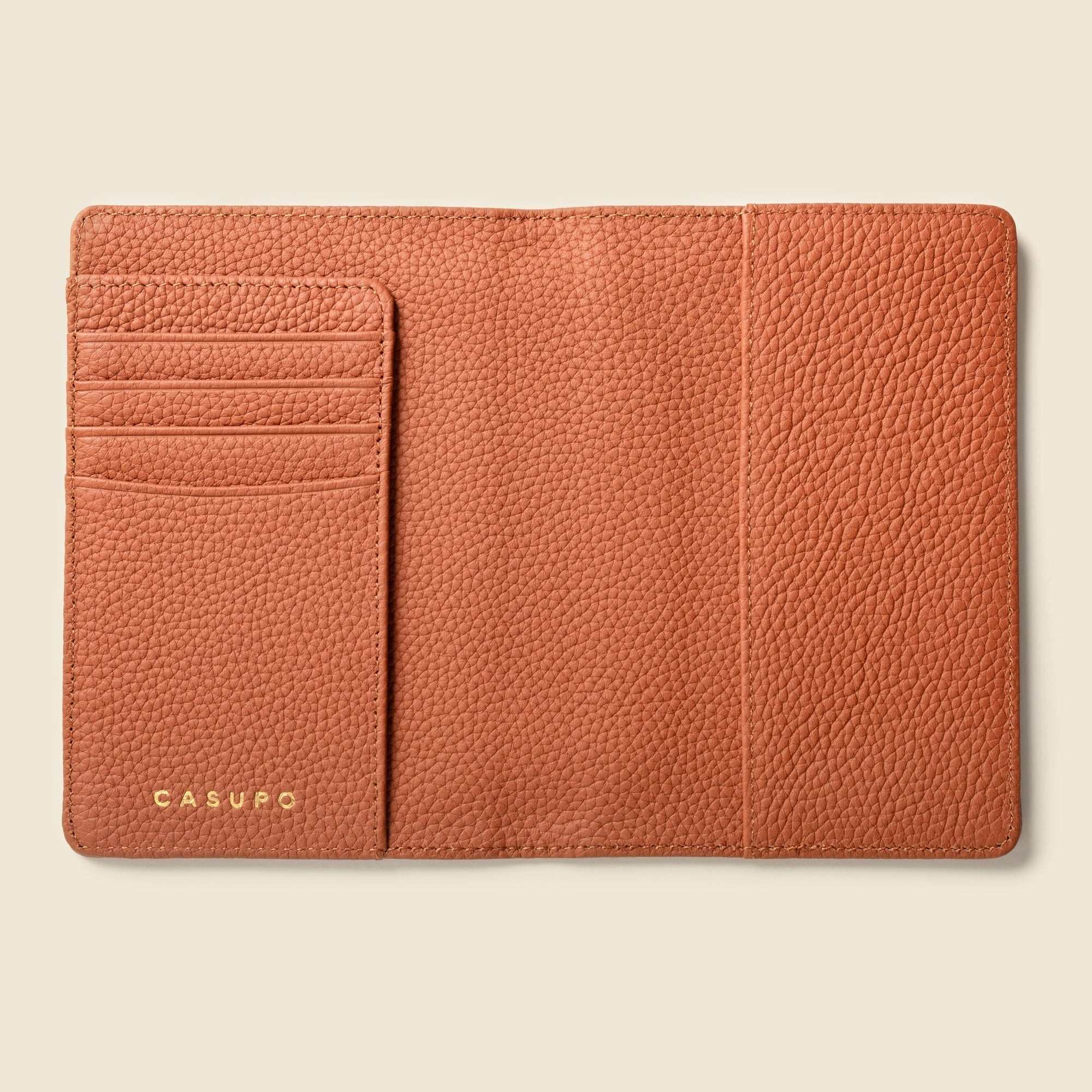 Tan leather passport wallet with RFID protection and multiple pockets for cards and cash