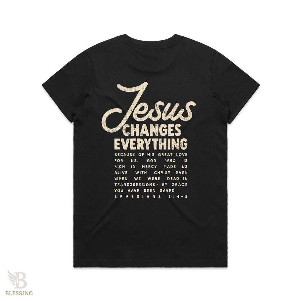 Women’s Maple Tee with Jesus Change Everything faith message in regular fit combed cotton