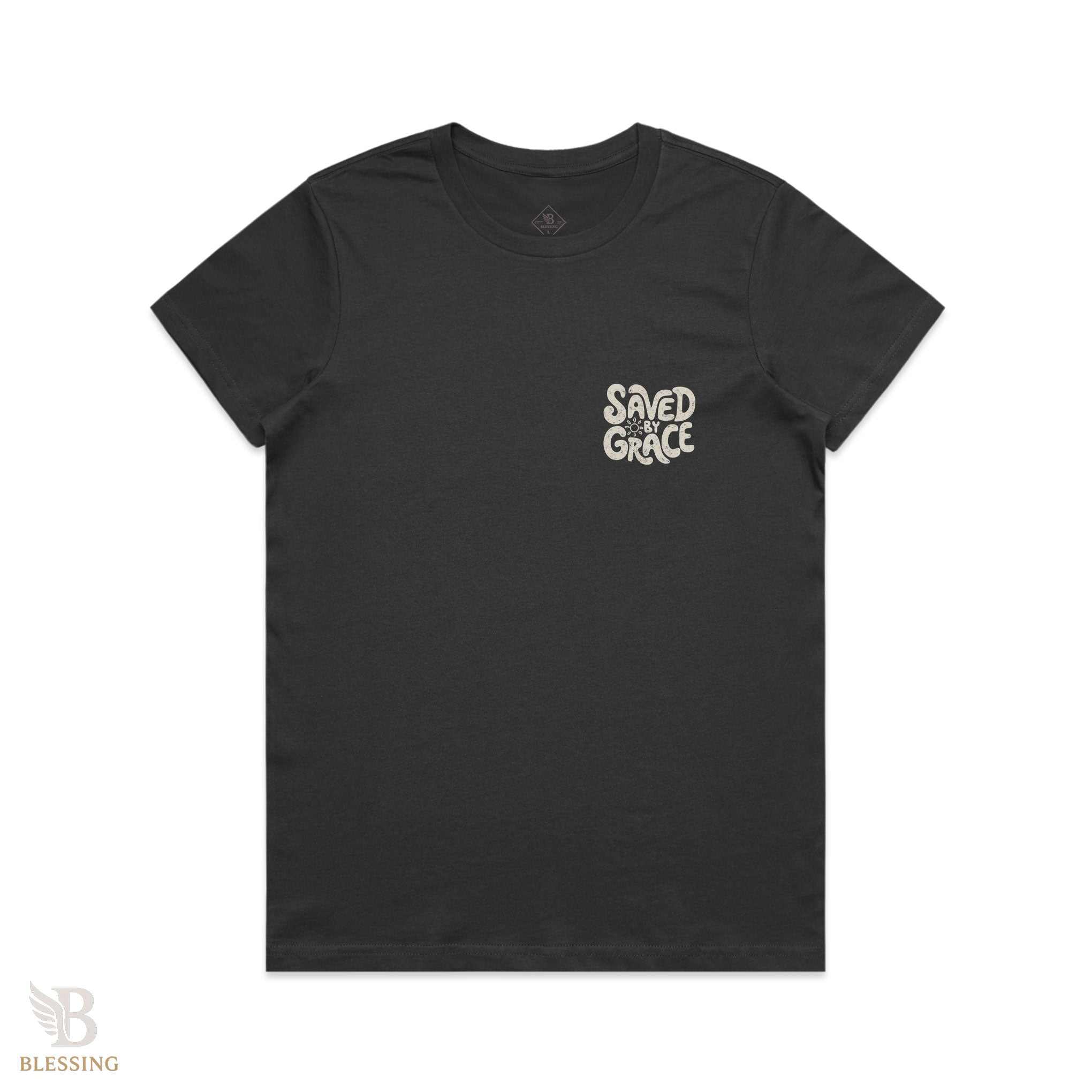 Maple Tee for Women in soft combed cotton with faith-inspired "Saved by Grace" design