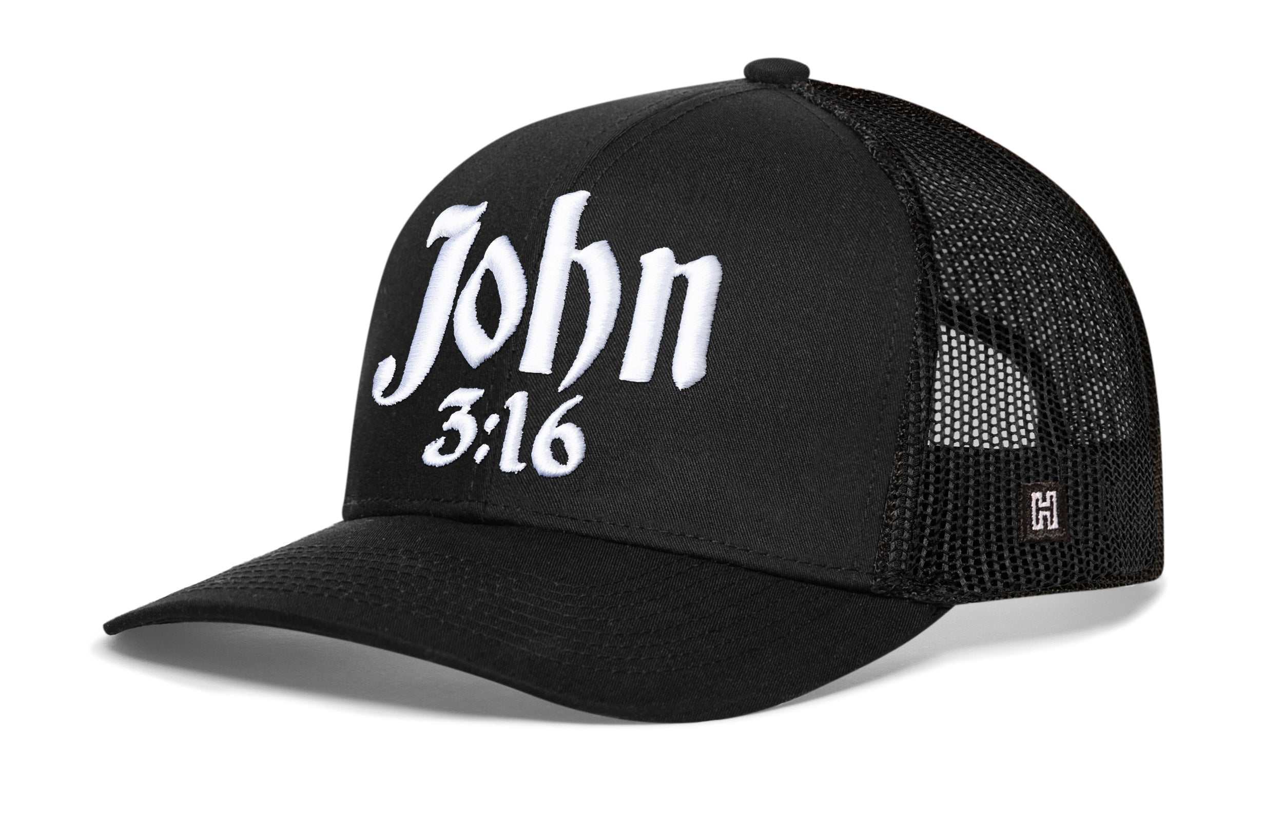 Black John 3:16 Trucker Hat with 3D puff embroidery and adjustable snapback