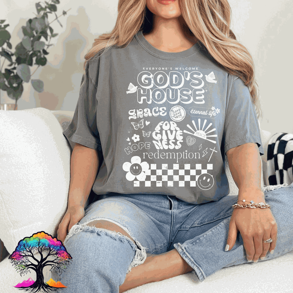 Christian T-Shirt with God's House faith design, unisex, soft breathable fabric, durable print