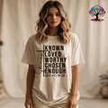 Christian T-Shirt with "She Is" scripture design celebrating women of faith