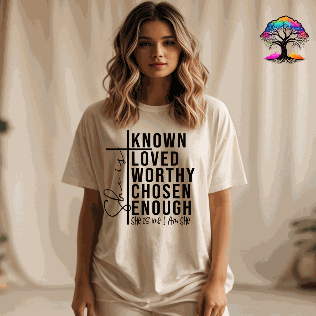 Christian T-Shirt with "She Is" scripture design celebrating women of faith