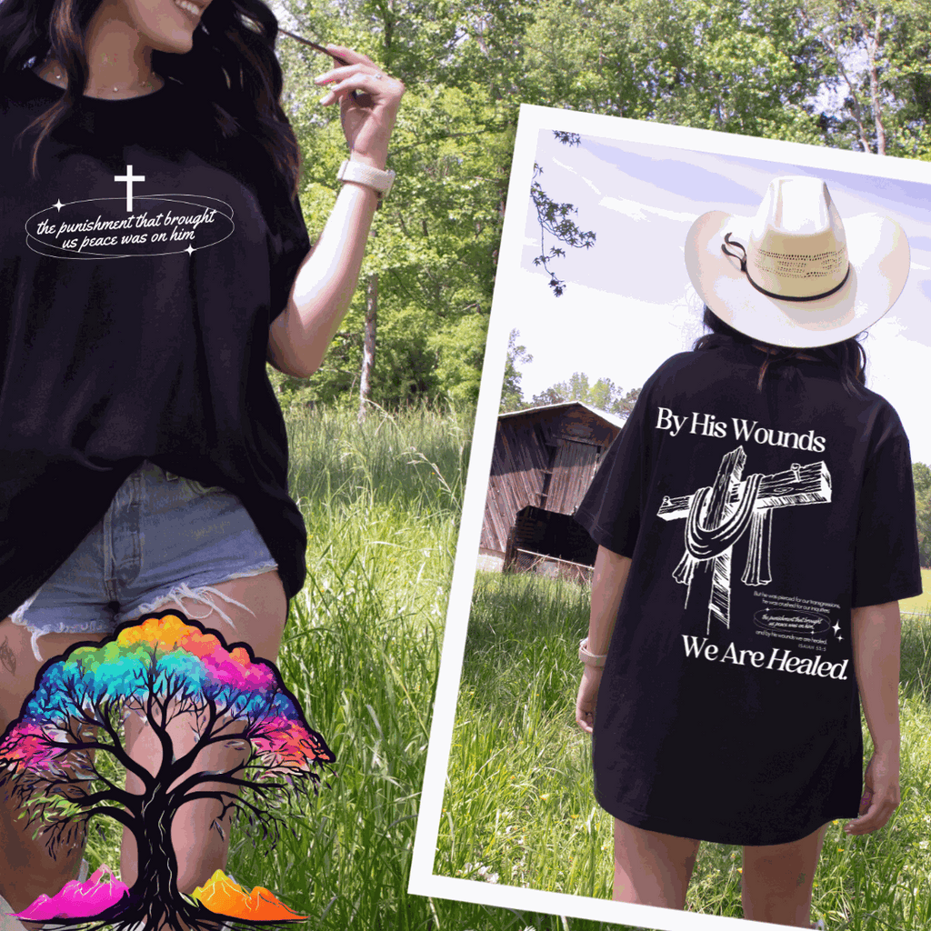 Christian T-Shirt with "By His Wounds" graphic highlighting faith and redemption