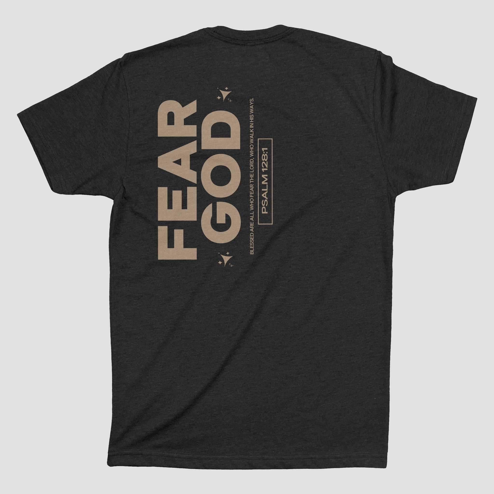 Fear God Unisex T-Shirt in black and white with Psalm 128 scripture, premium fitted and oversized cotton styles.