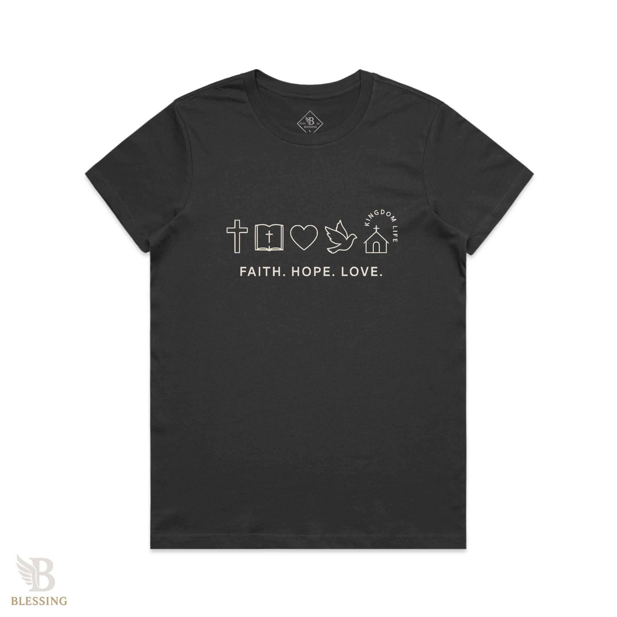 Women’s Maple Tee with Faith Hope Love inspirational design, comfortable regular fit, 100% combed cotton