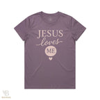 Women’s Maple Tee with Jesus loves me scripture, comfortable regular fit, 100% combed cotton