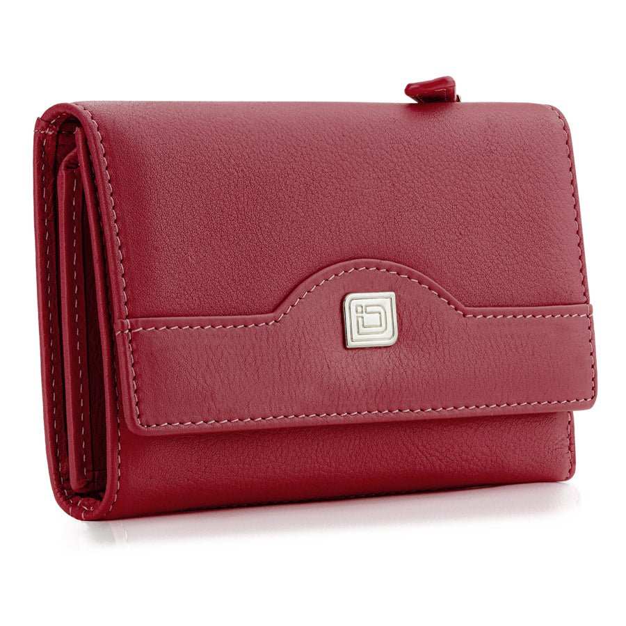 RFID Blocking Women's Leather Trifold Wallet with 15 card slots, genuine leather, and zippered coin compartment